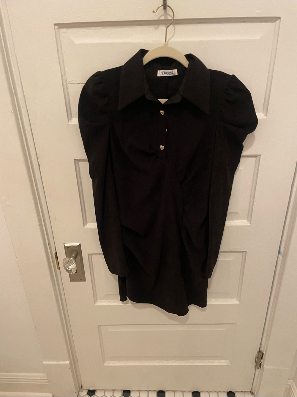 Black Puff-Sleeve Midi Dress with Heart Buttons